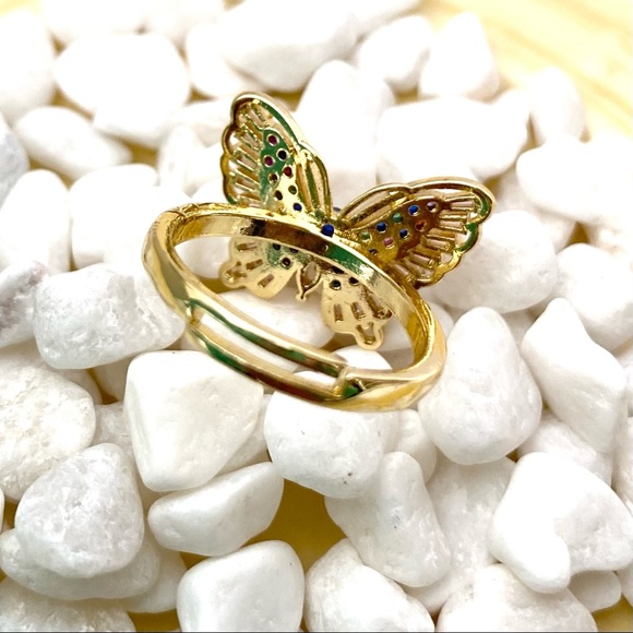 18k Gold Plated Pink Cubic Zirconia adjustable butterfly Ring. Anillo Mariposa - Picture 4 of 7